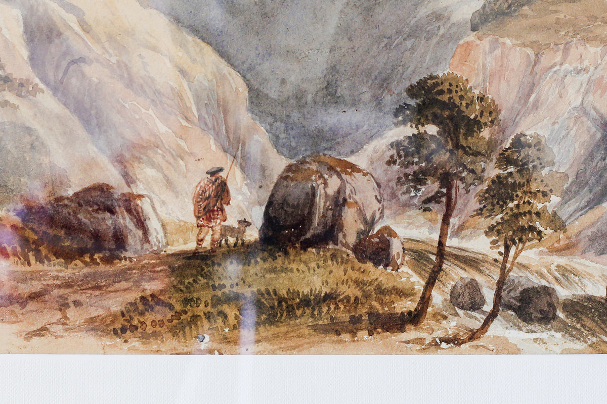 Antique Watercolor of Scottish Highlander and Mountains (c1880) in Custom Ornate Black and Gold Frame