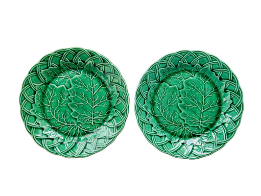 Set of 2 Antique Cabbage Leaf on Basket Greenware Majolica Plates by Edge Malkin & Co.