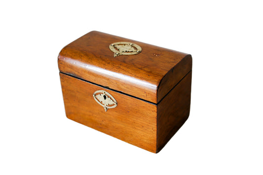 Antique Dome Top Walnut Tea Caddy with Brass Decoration, c1860