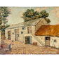 Painting of a rustic house with a person in a garden on a textured white surface