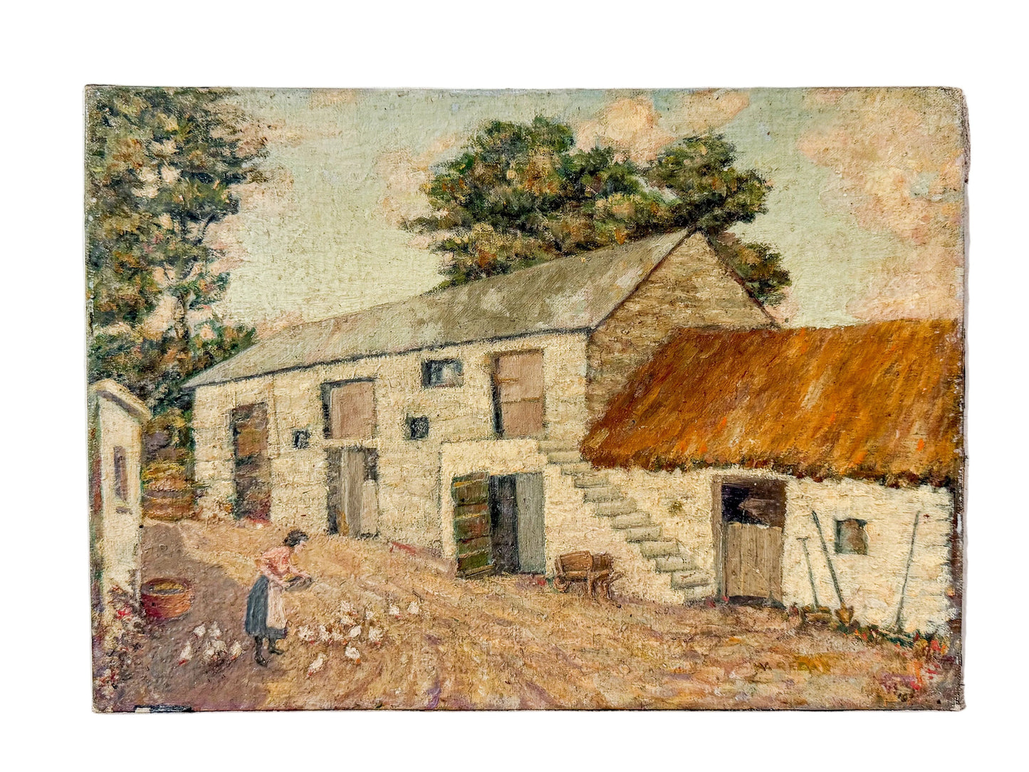 Painting of a rustic house with a person in a garden on a textured white surface