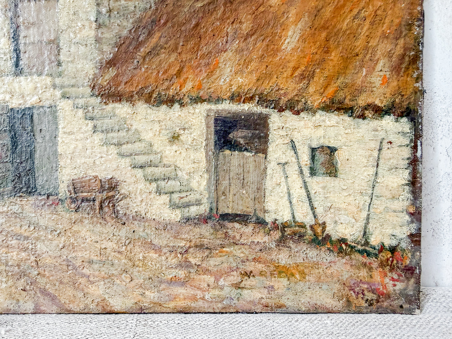 Unframed English Farmyard Scene with Woman Feeding Chickens, c1930