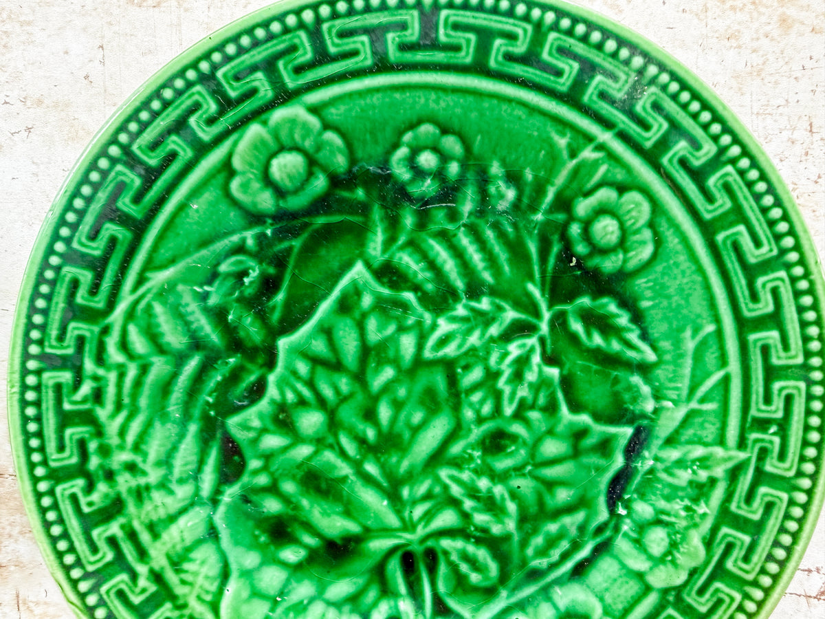 Antique Greek Key Border and Strawberry Greenware Majolica Plates (Choice)