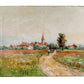 Vintage painting of a village scene with a path on a textured wall.