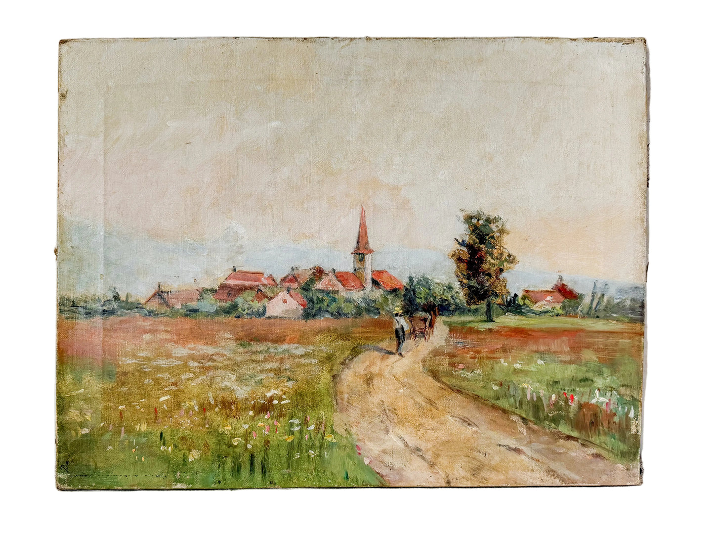 Vintage painting of a village scene with a path on a textured wall.