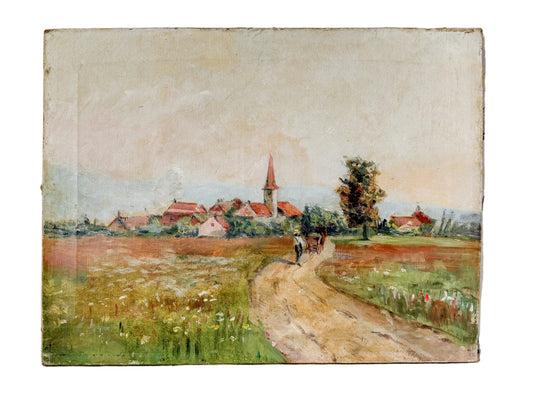 Vintage painting of a village scene with a path on a textured wall.