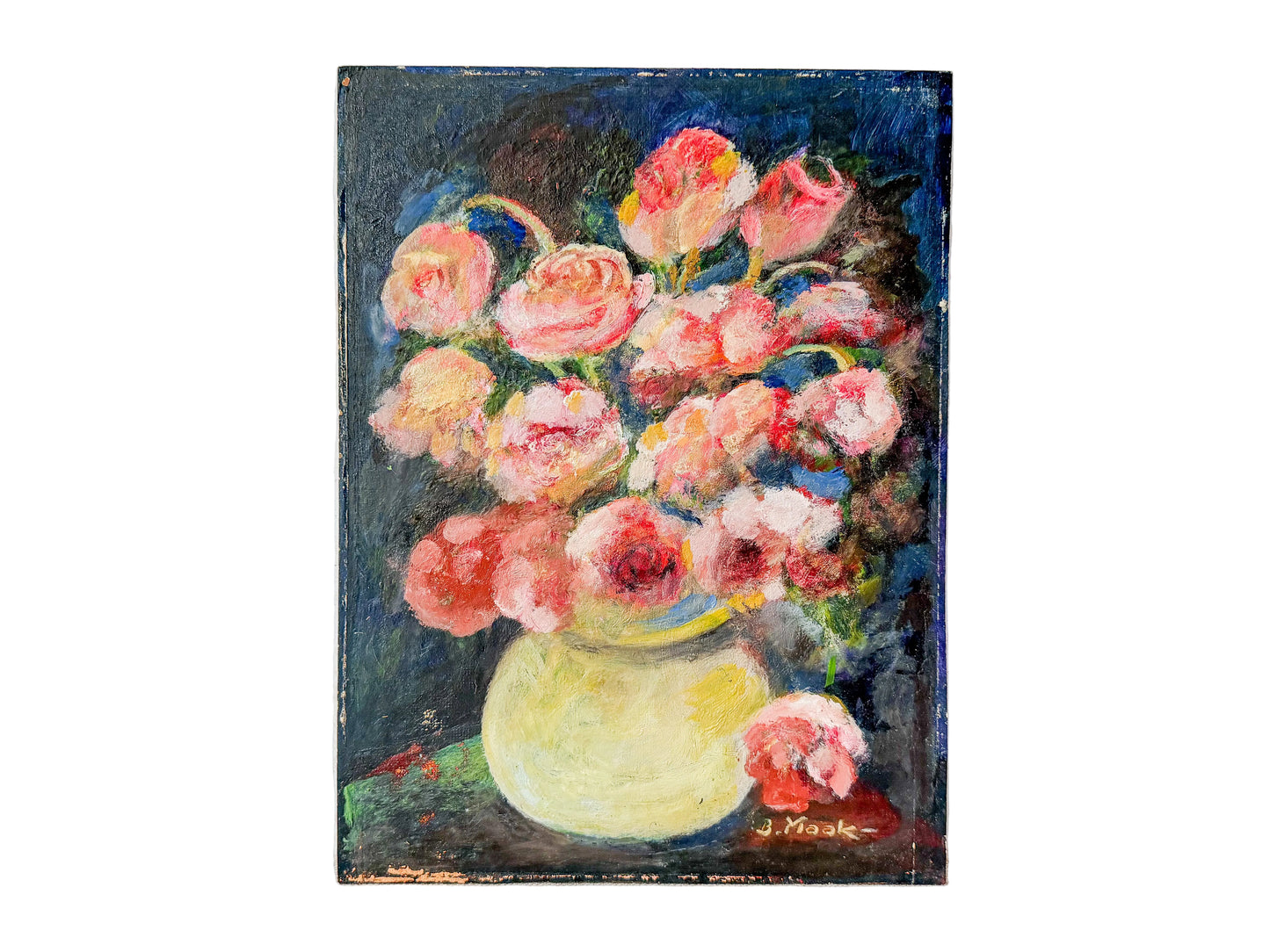 Unframed Impressionist Painting of Pink Flowers in Chartreuse Vase, Signed B. Maak