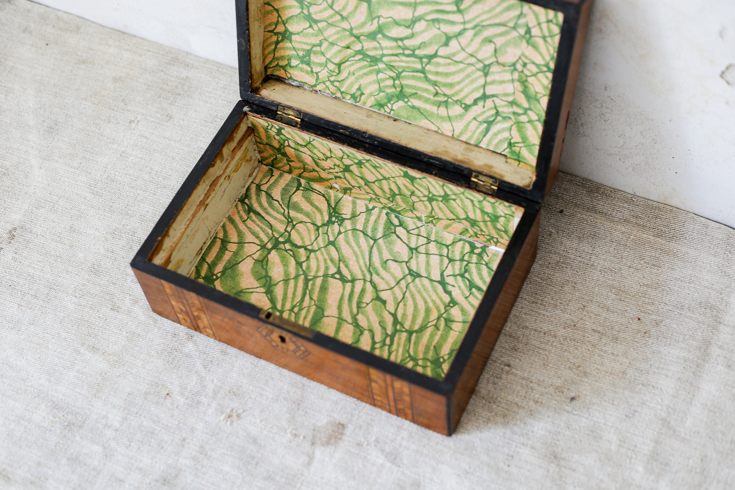 Antique Small Parquetry Chevron Inlaid Tunbridge-Style Stationery Box, c. 1870