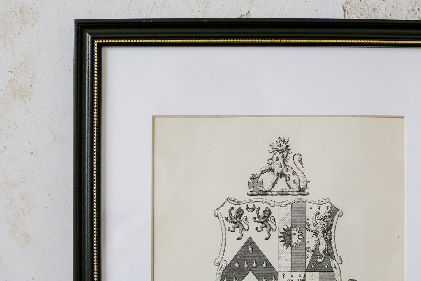 19th Century Coat of Arms of Bourne of Hackinsall | Contemporary Black and Gilt Frame