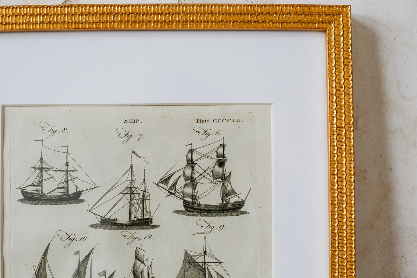 18th Century Copper Plate Engraving of Sailing Ships | Contemporary Textured Gilt Frame