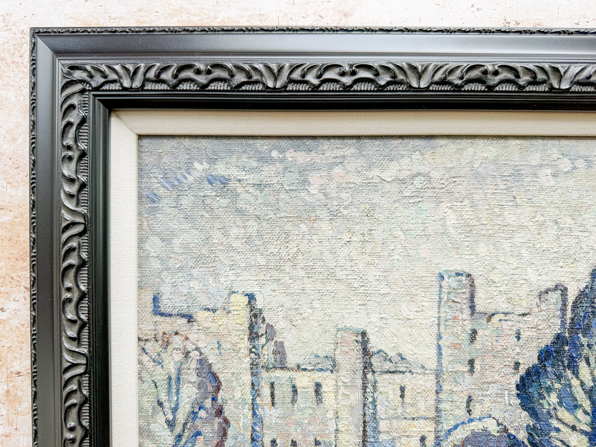 Early 20th-Century Post-Impressionist Landscape Oil Painting in Custom Black and Linen Frame