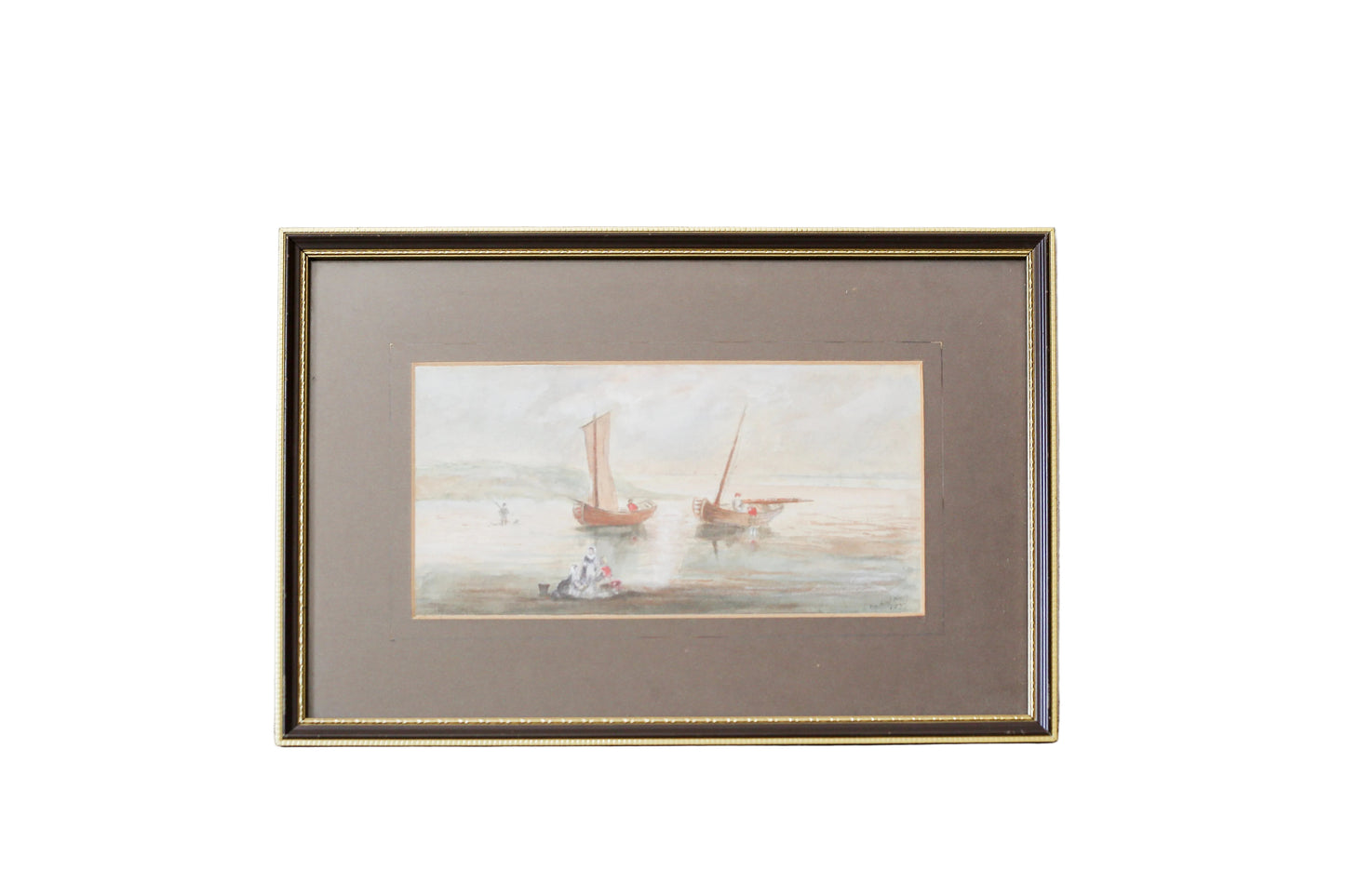 Antique 1877 Maritime Fishing Scene Watercolor Painting