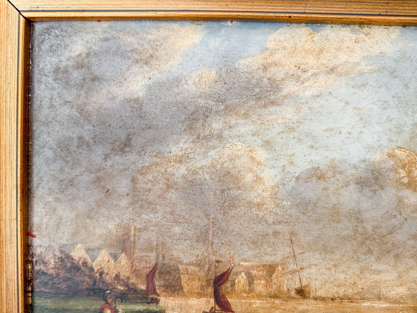 Antique Oil Painting of British Maritime Scene in Gilt Wood Frame, c1880