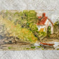 Miniature Painting on Pine of Docked Boat Near Cottage
