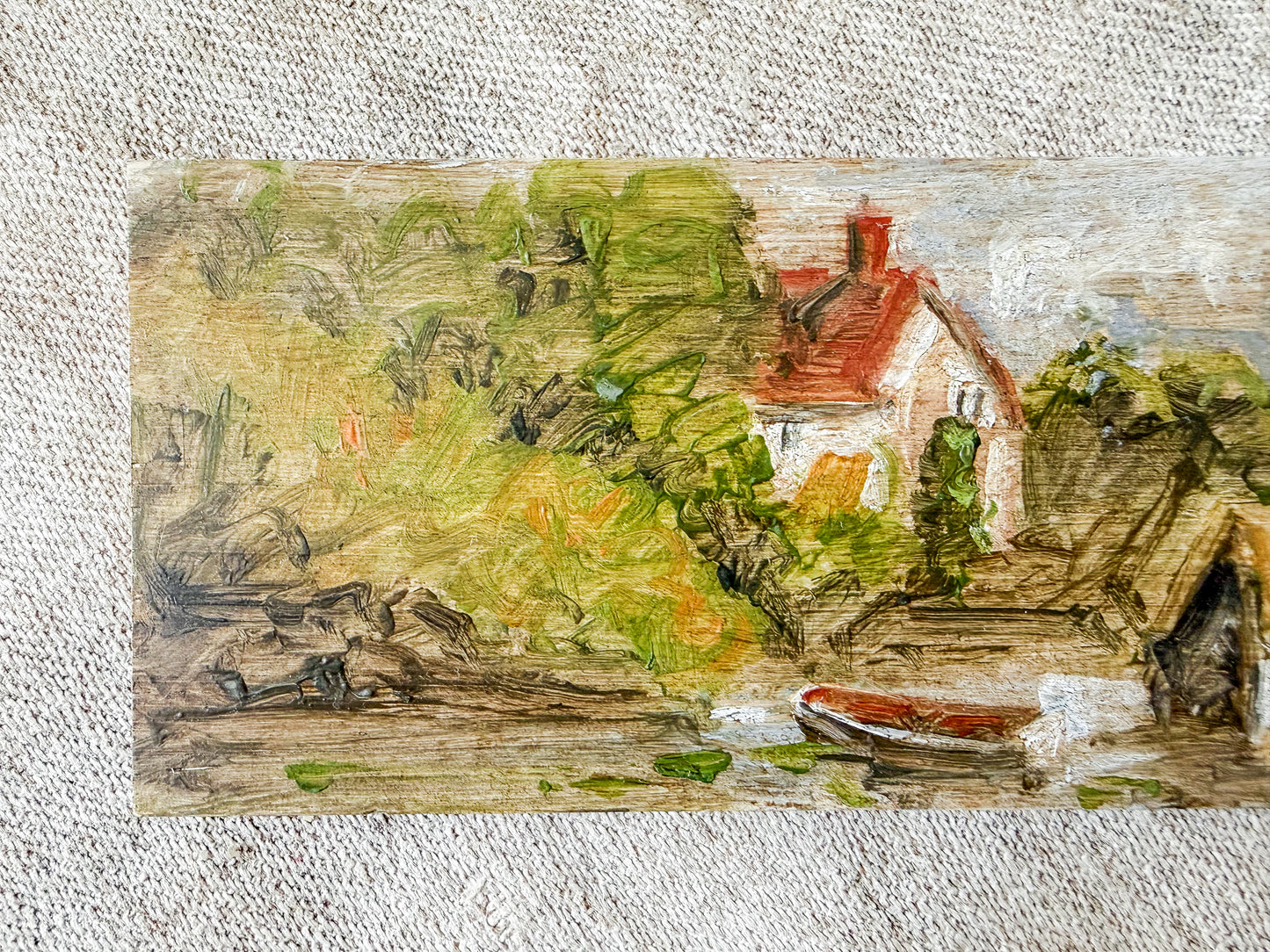 Miniature Painting on Pine of Docked Boat Near Cottage