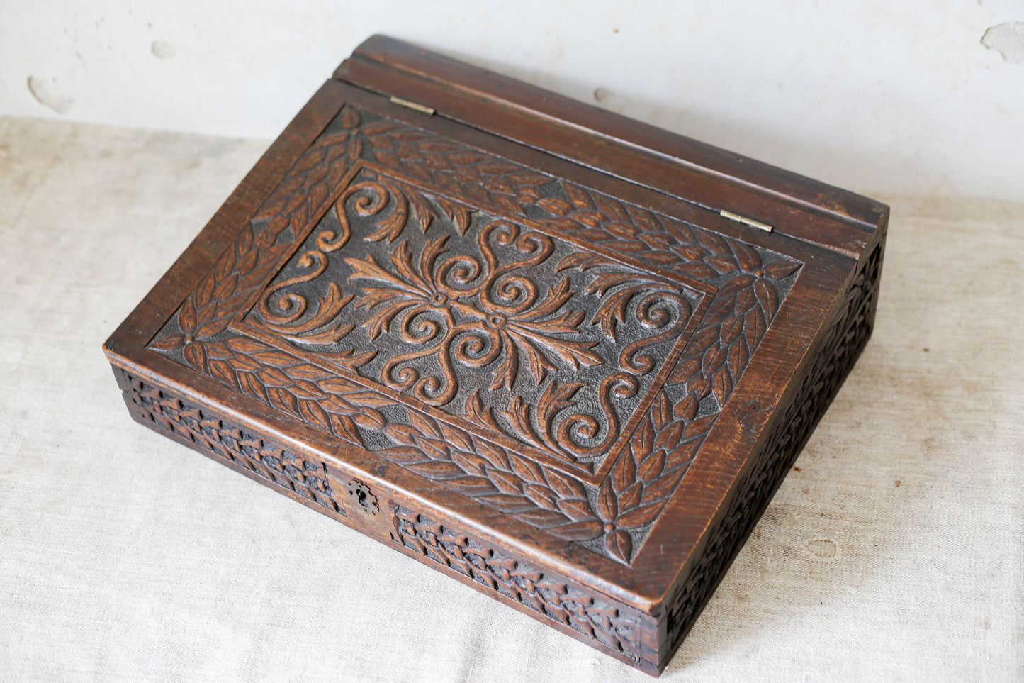 1892 Carved Wood Sloped Desk Box with "JM" Initials