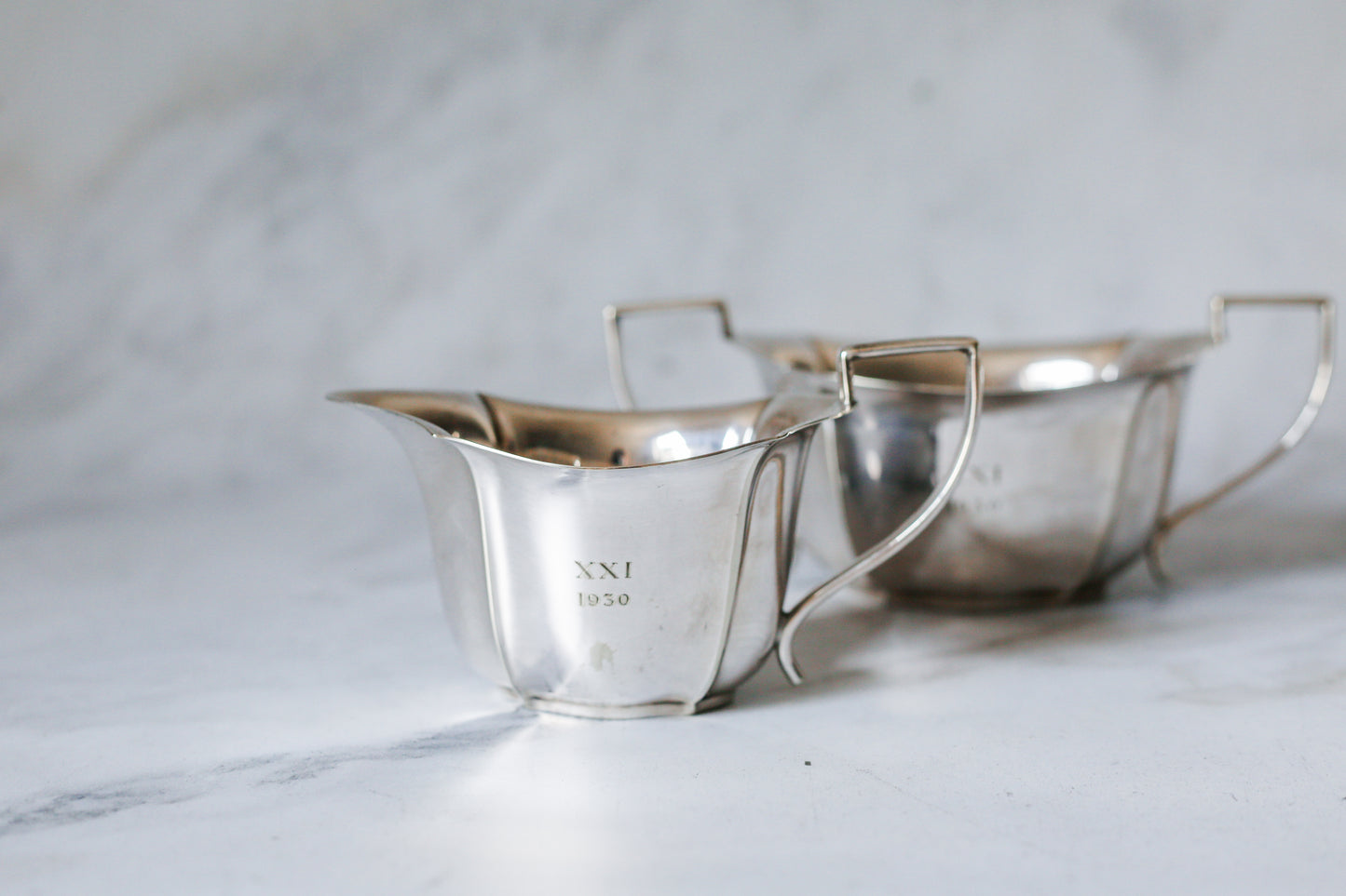 Alexander Clark Co. London Silverplate Sugar & Creamer Set, Monogrammed & Dated 1930