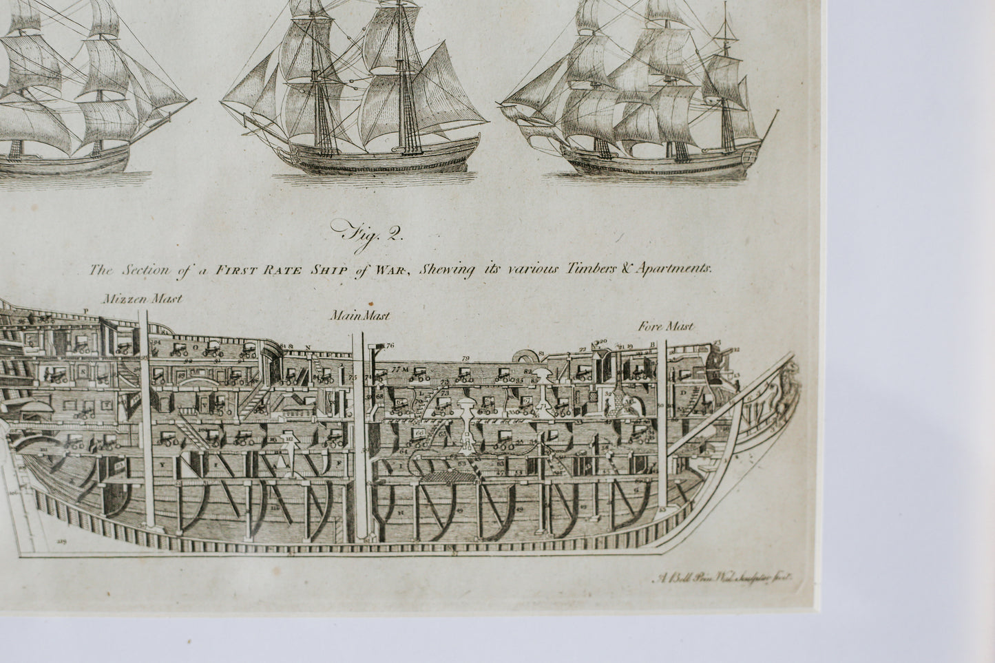 18th Century Copper Plate Engraving Cross-Section of Ship of War | Contemporary Textured Gilt Frame