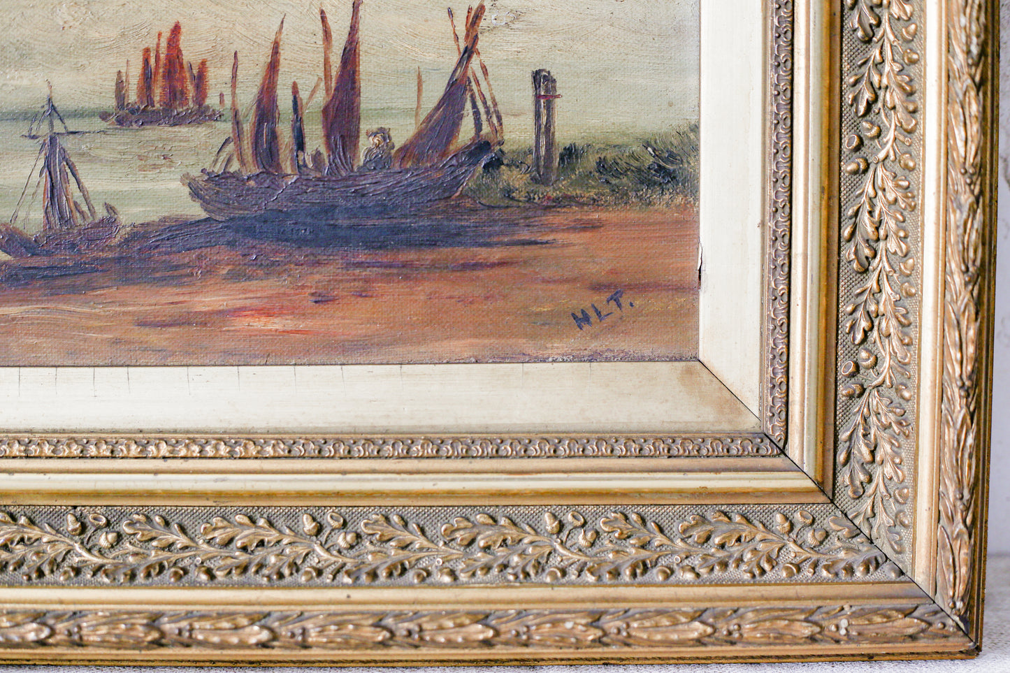Antique British Coastal Scene Oil Painting in Gilt Wood Frame, c1900