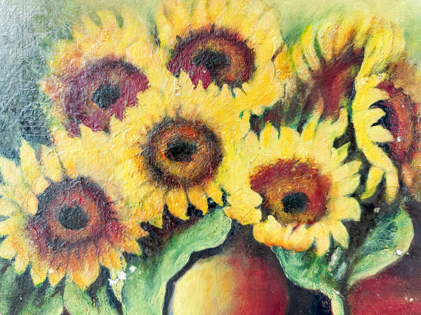 Unframed Oil Painting of Sunflowers in Vase, Signed B. Maak