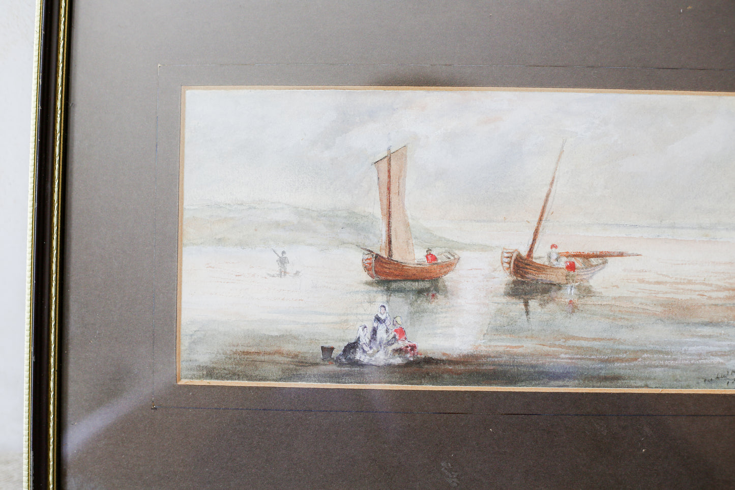 Antique 1877 Maritime Fishing Scene Watercolor Painting