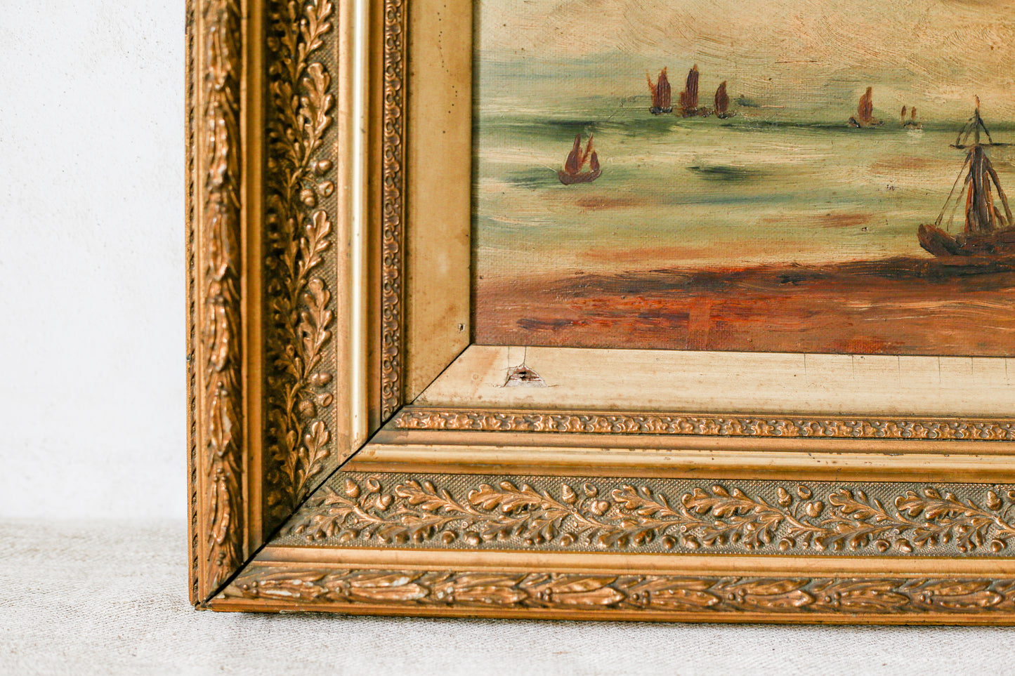 Antique British Coastal Scene Oil Painting in Gilt Wood Frame, c1900