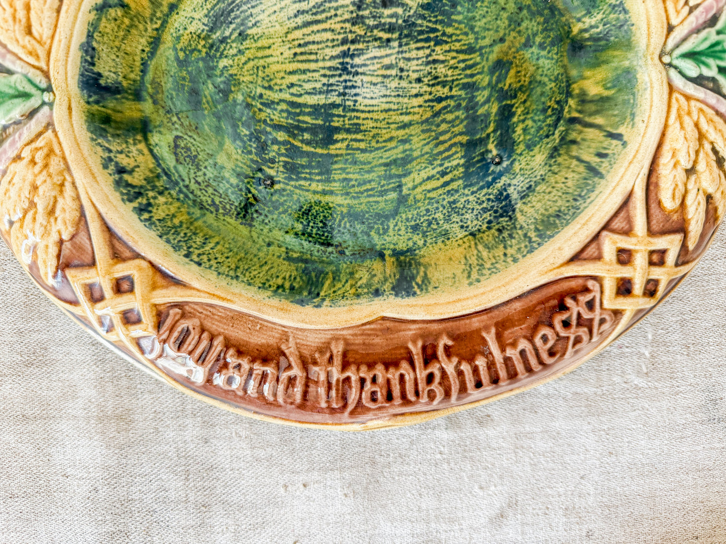 Antique 'Eat Thy Bread' Majolica Bread Tray, c1880