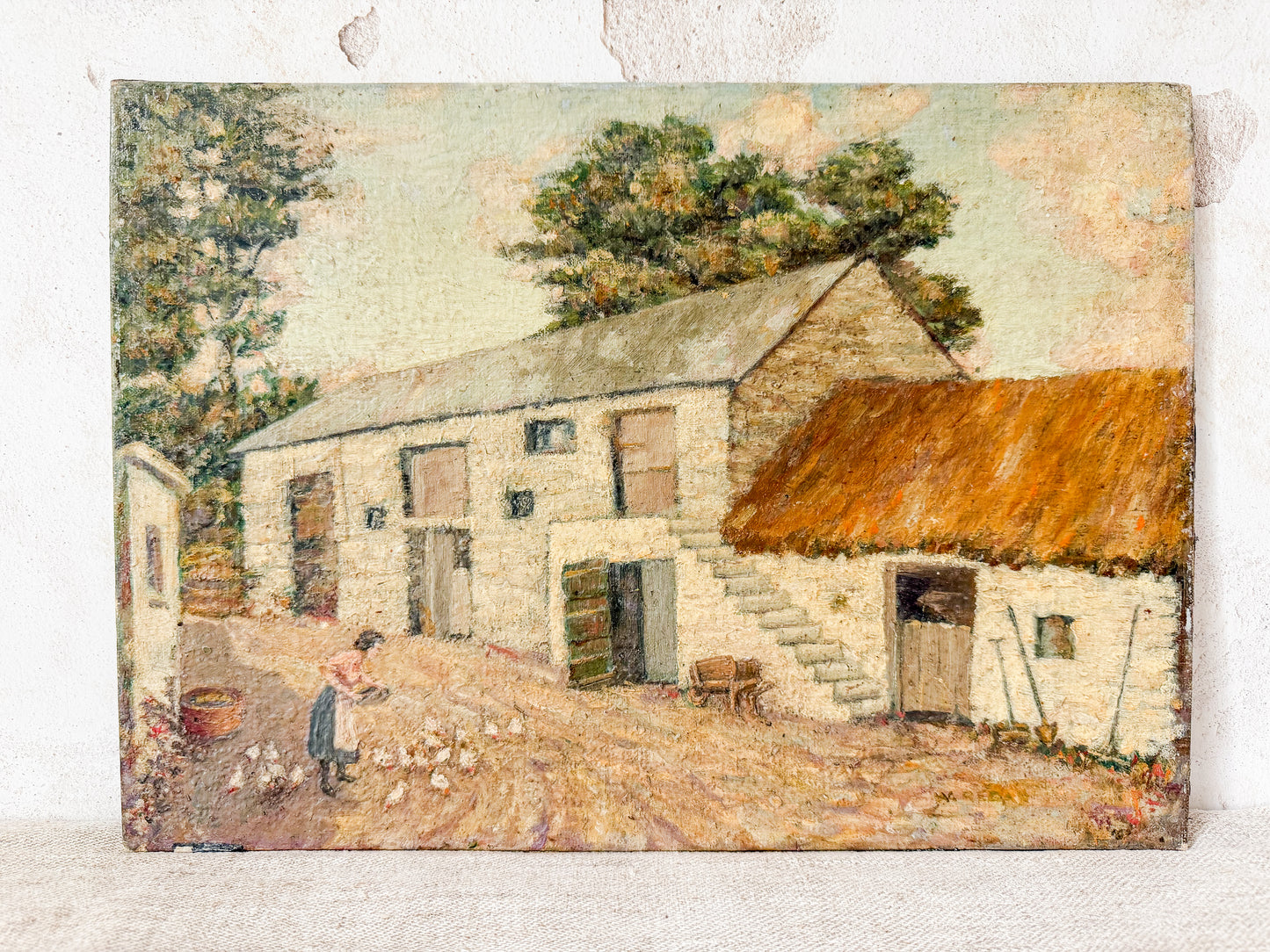 Unframed English Farmyard Scene with Woman Feeding Chickens, c1930