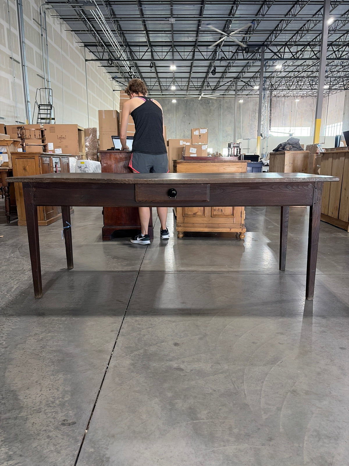 Stained pine farmhouse dining table with drawer