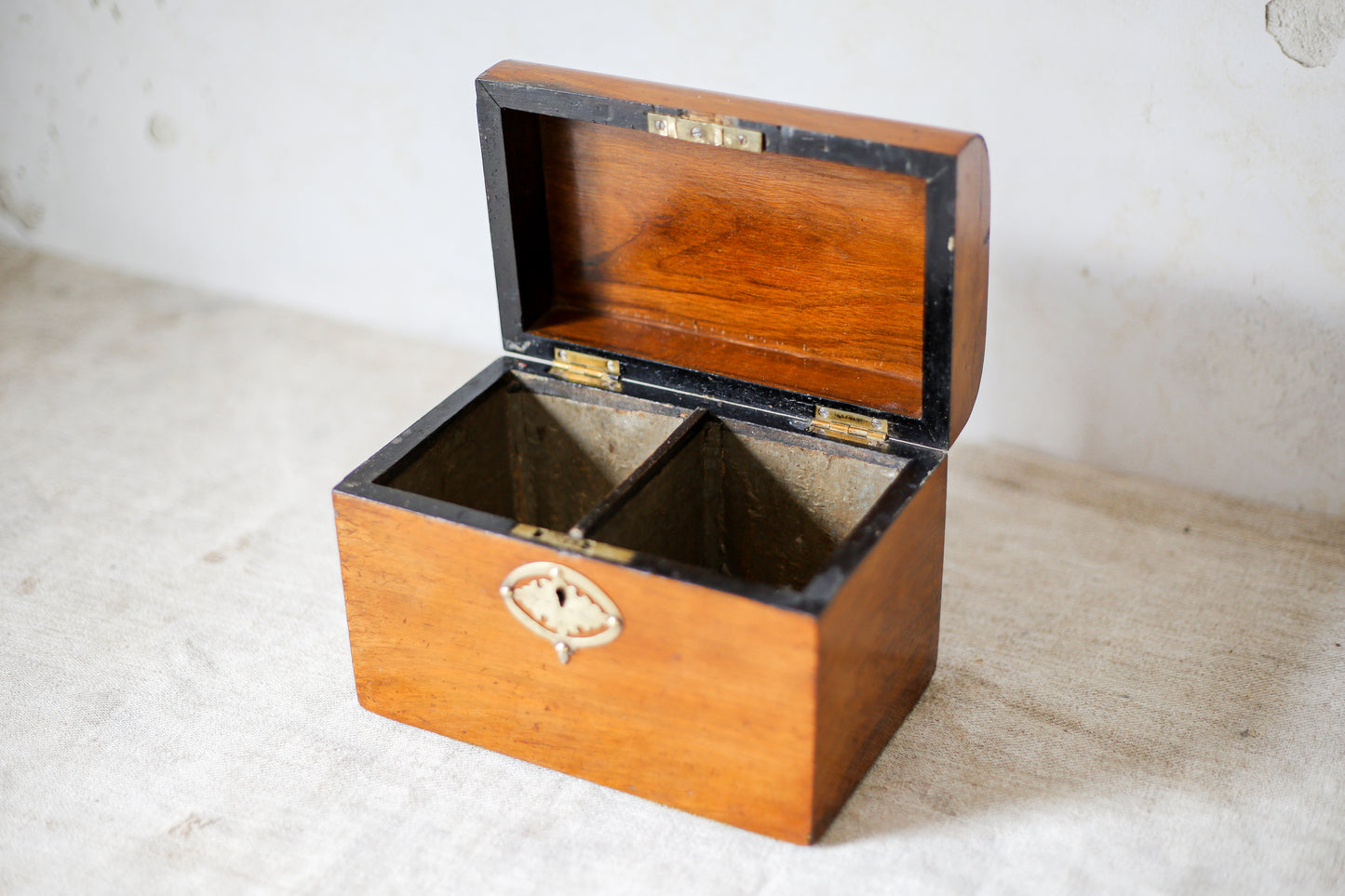 Antique Dome Top Walnut Tea Caddy with Brass Decoration, c1860