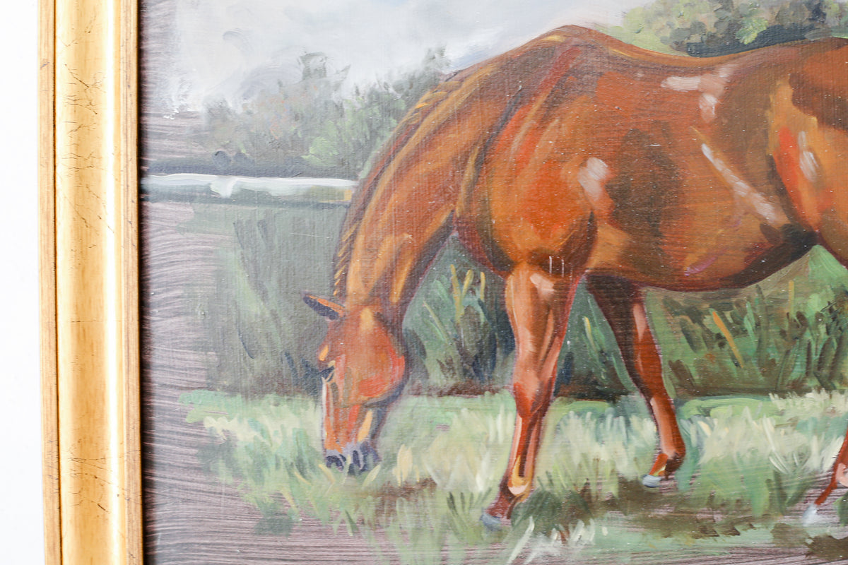 Original Painting of Chestnut Brown Horse Grazing, Attributed to Glynis Mills, in Custom Gold Frame