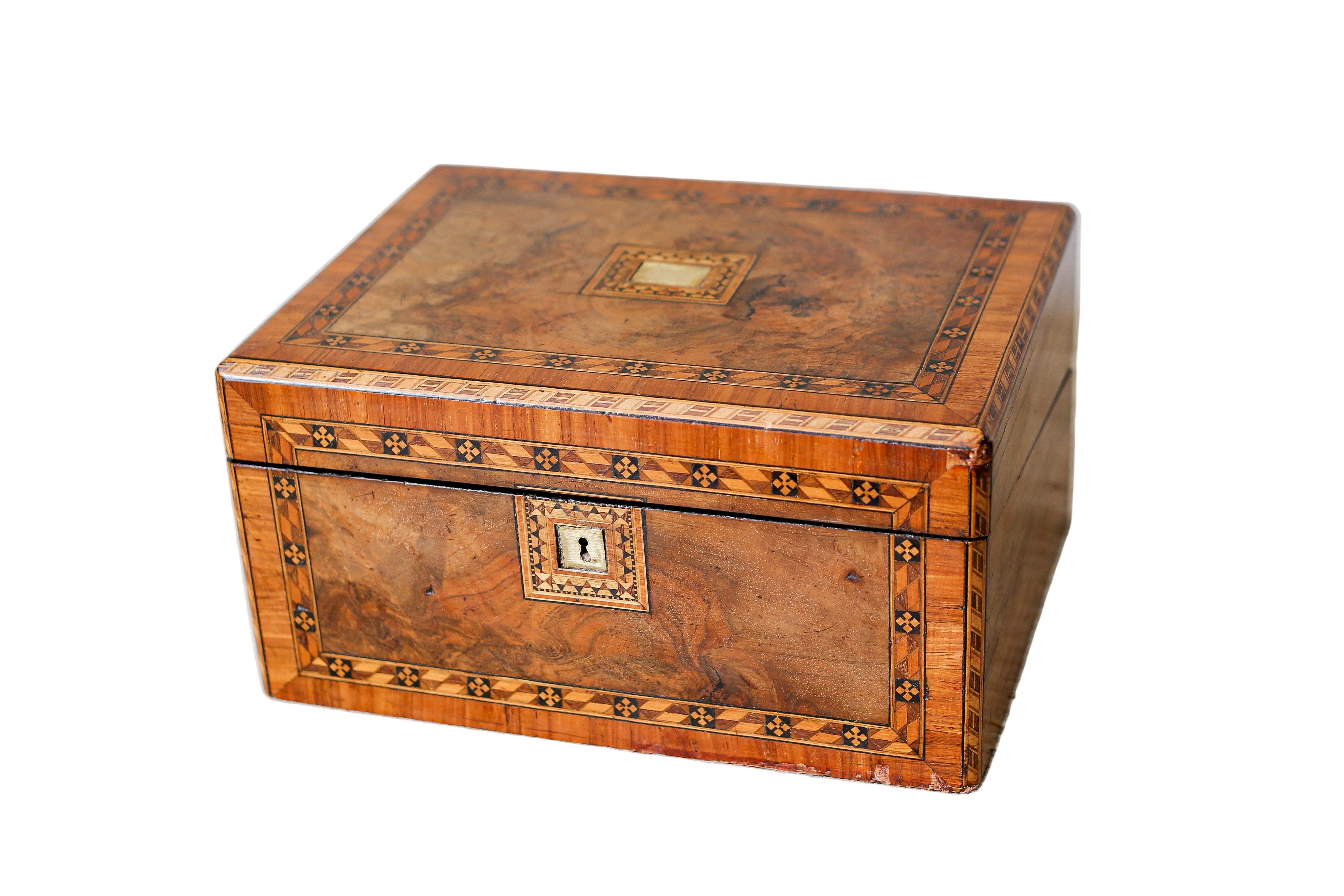 アンティーク雑貨 THE MARYLAND BOLT&NUT CO BOX Antique Burr Walnut Tunbridge-Style Stationery Box, c. 1870