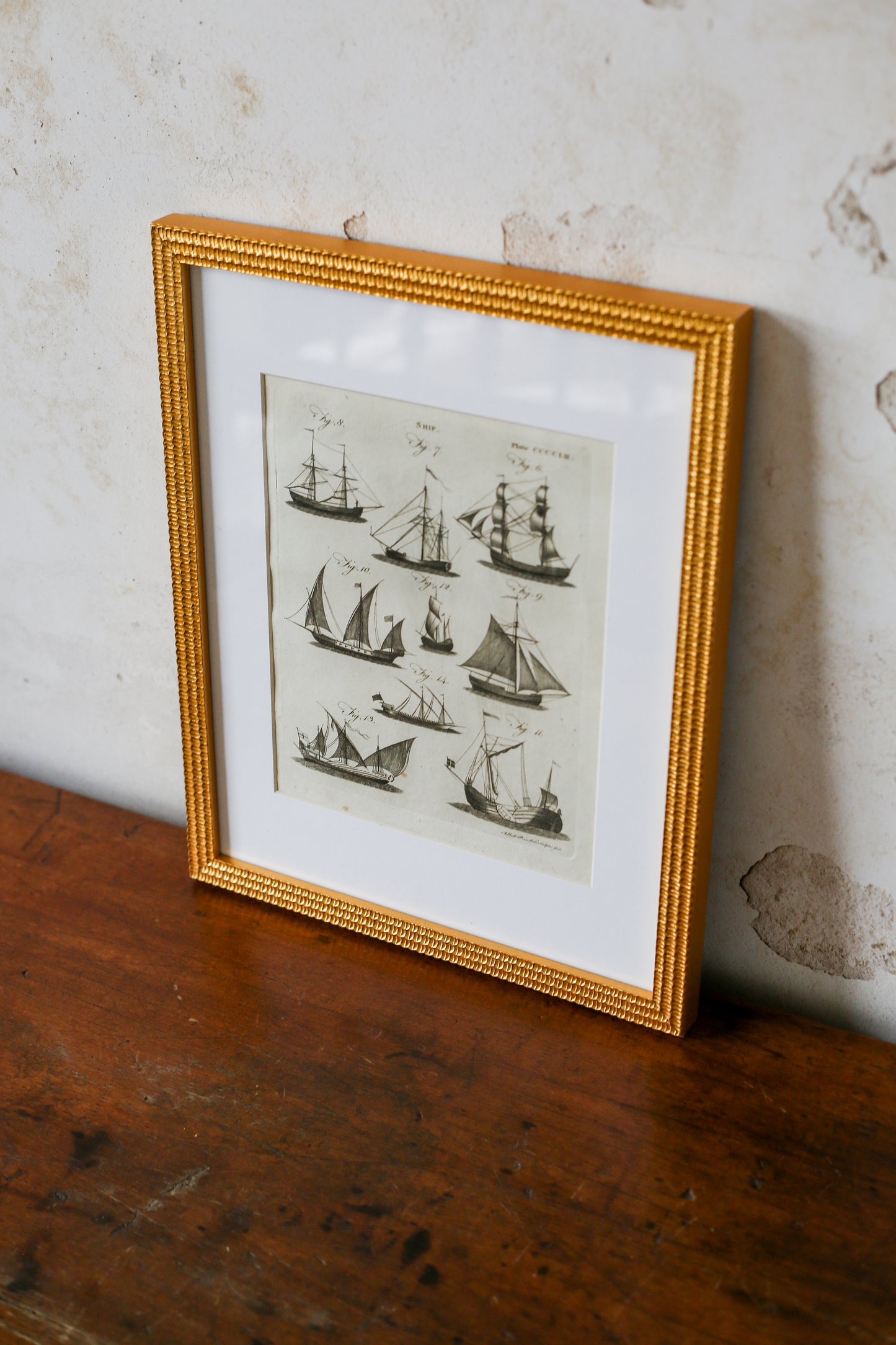 18th Century Copper Plate Engraving of Sailing Ships | Contemporary Textured Gilt Frame