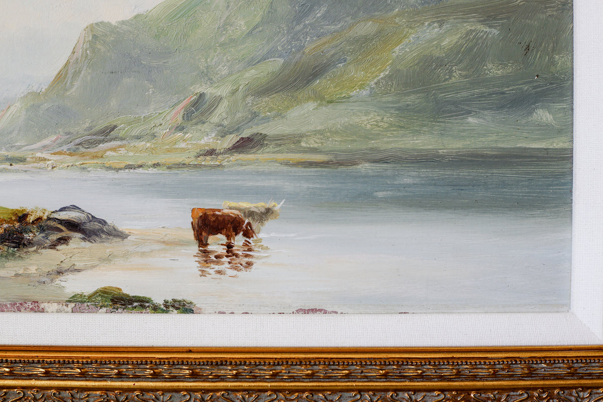 Antique Scottish Highlands with Cows Landscape Painting (c1890) in Custom Ornate Gilt Frame