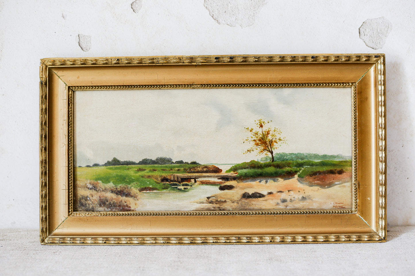 Antique 1904 Landscape Oil Painting on Canvas, Signed L.C. Warren, in Gilt Frame