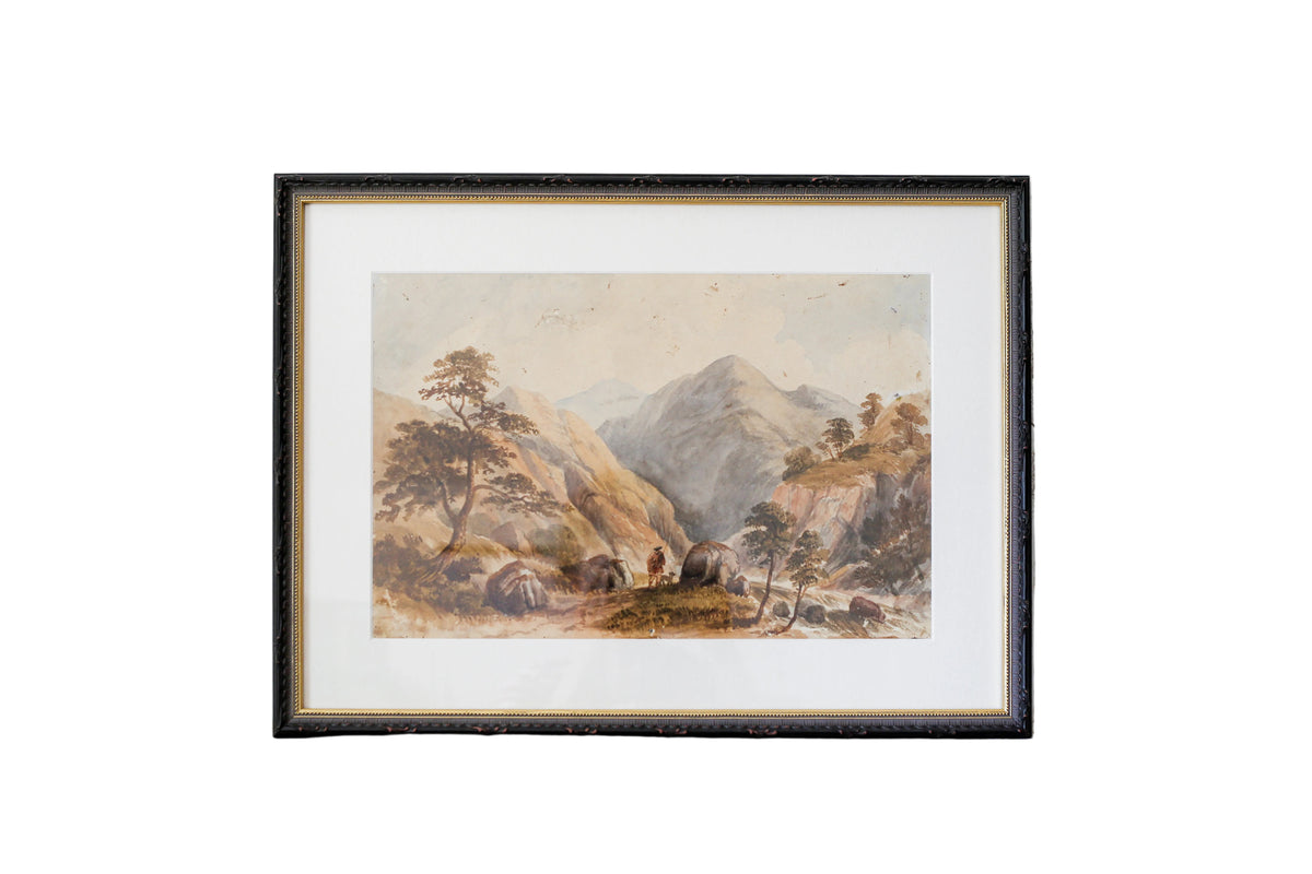 Antique Watercolor of Scottish Highlander and Mountains (c1880) in Custom Ornate Black and Gold Frame
