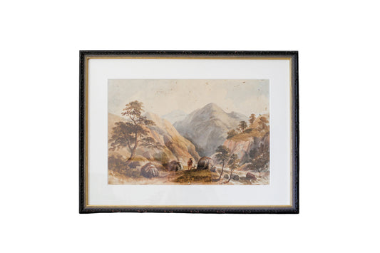 Antique Watercolor of Scottish Highlander and Mountains (c1880) in Custom Ornate Black and Gold Frame