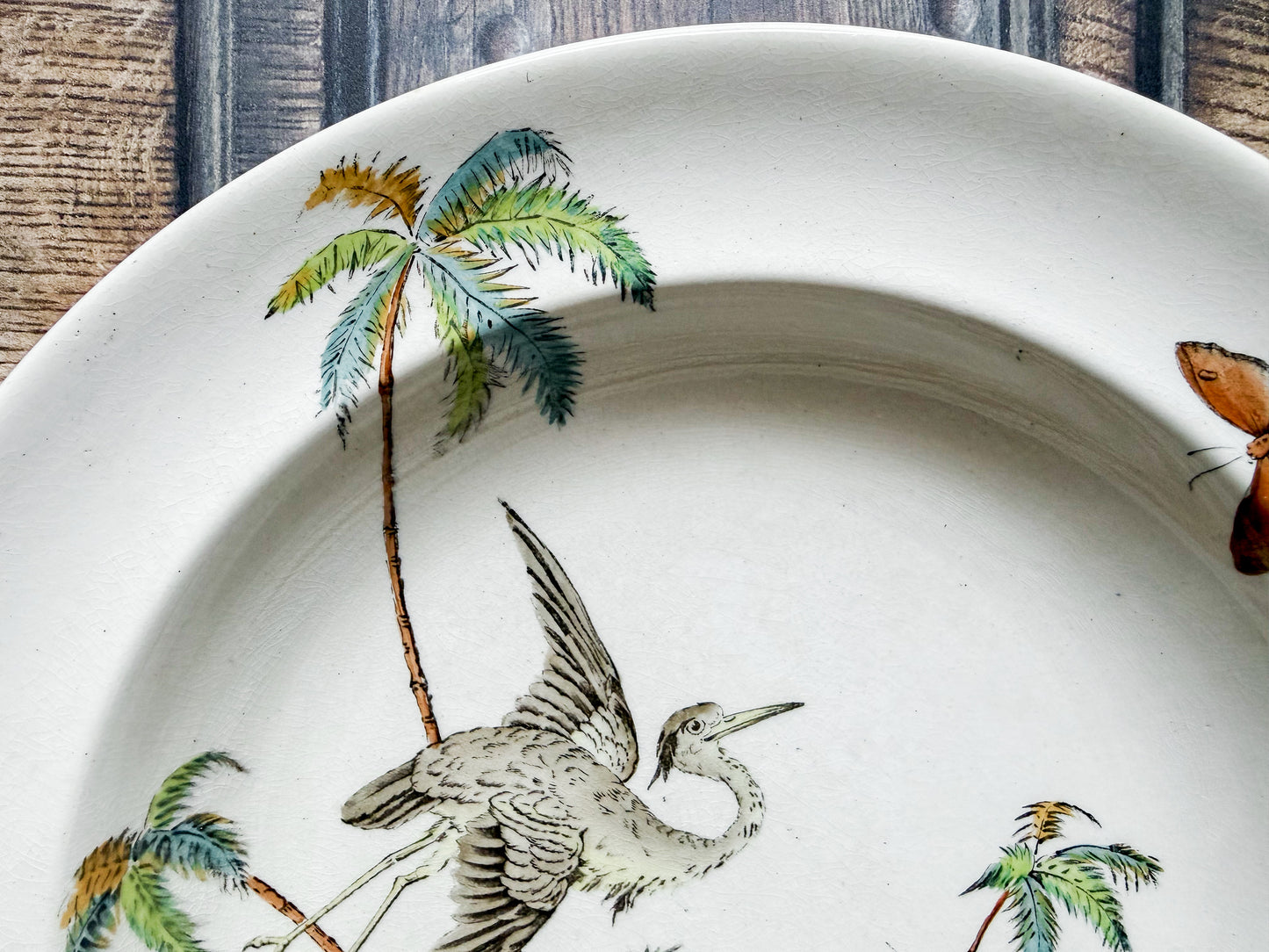 Copeland Palms & Egret Polychrome Ironstone Soup Bowl, c1870