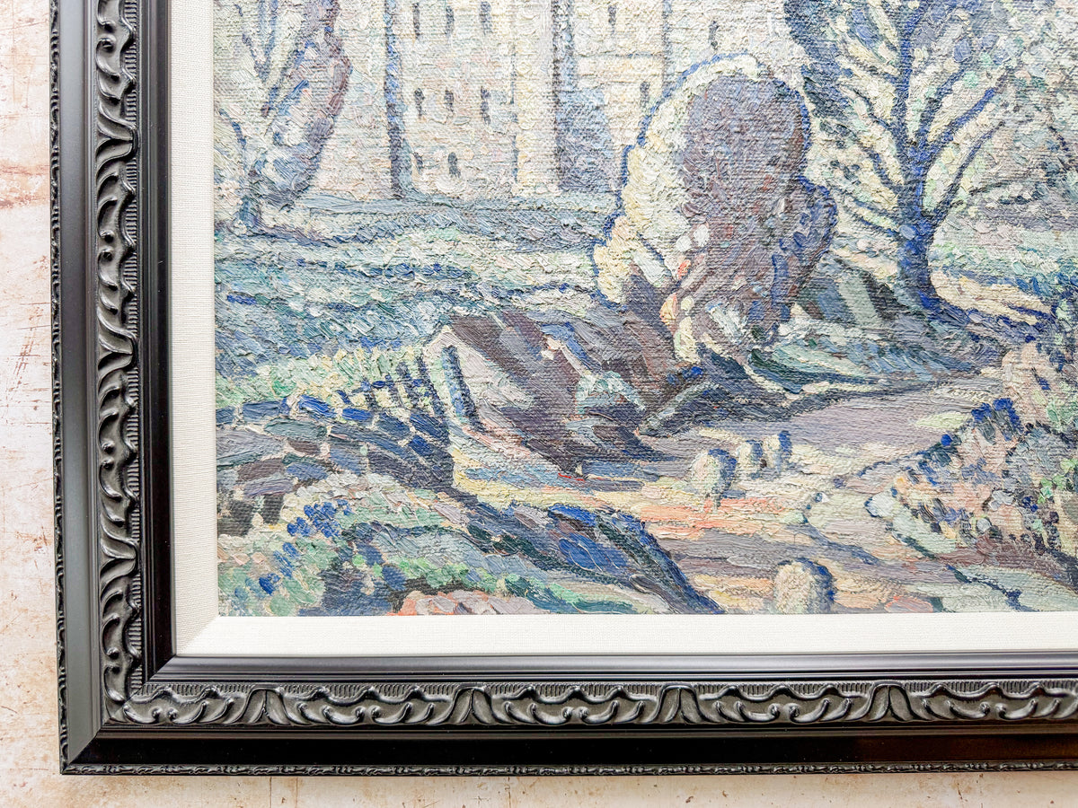 Early 20th-Century Post-Impressionist Landscape Oil Painting in Custom Black and Linen Frame