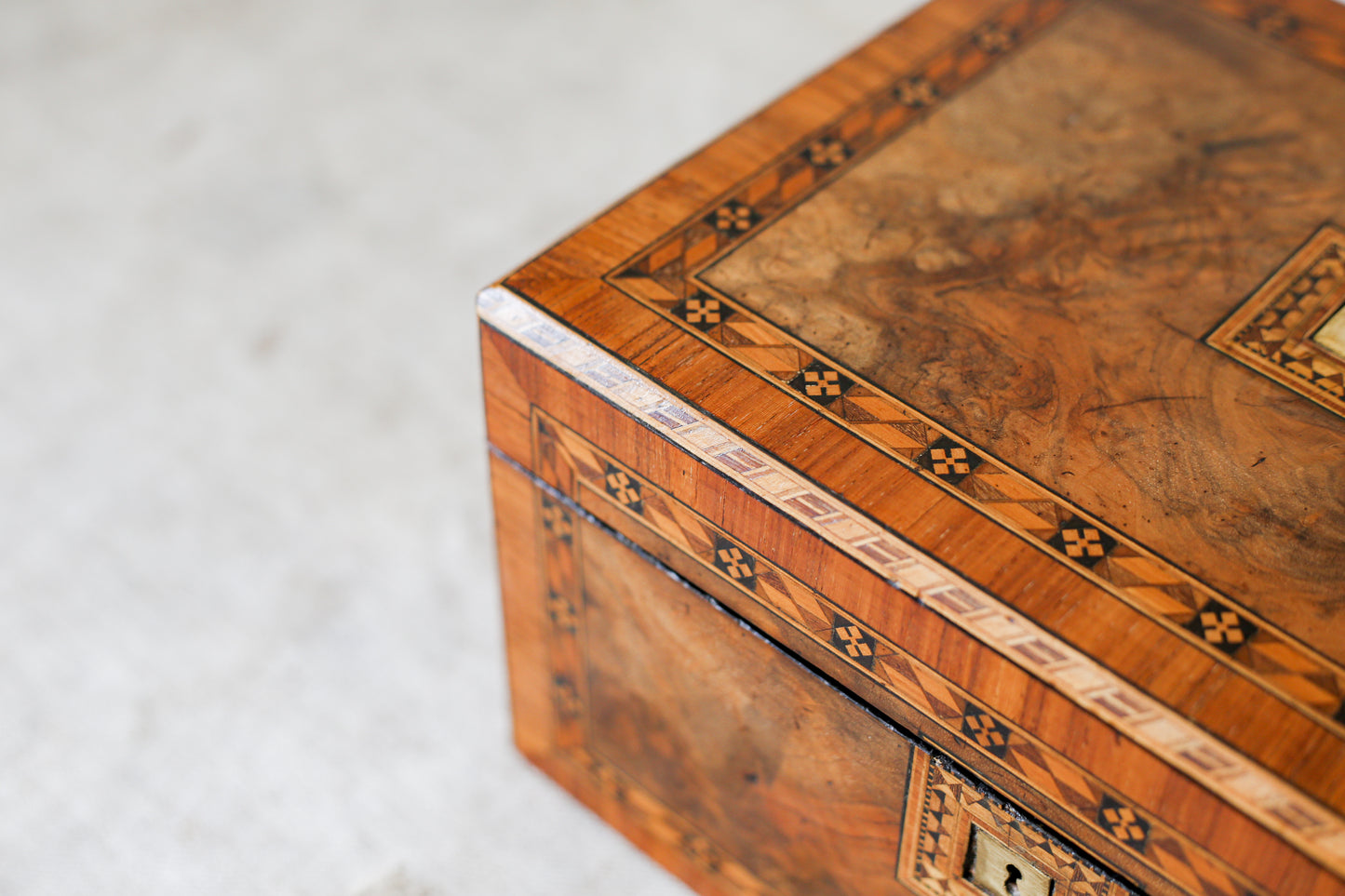 Antique Burr Walnut Tunbridge-Style Stationery Box, c. 1870