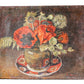 Vintage painting of a still life with flowers and a teacup on a textured white surface