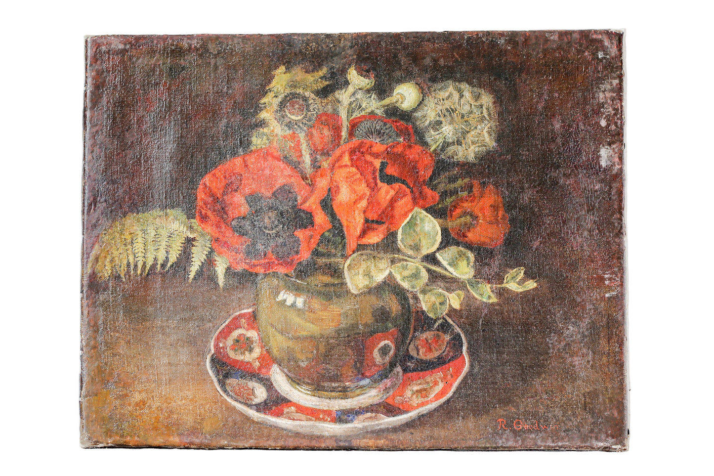 Vintage painting of a still life with flowers and a teacup on a textured white surface