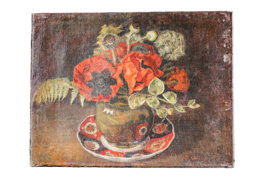 Vintage painting of a still life with flowers and a teacup on a textured white surface