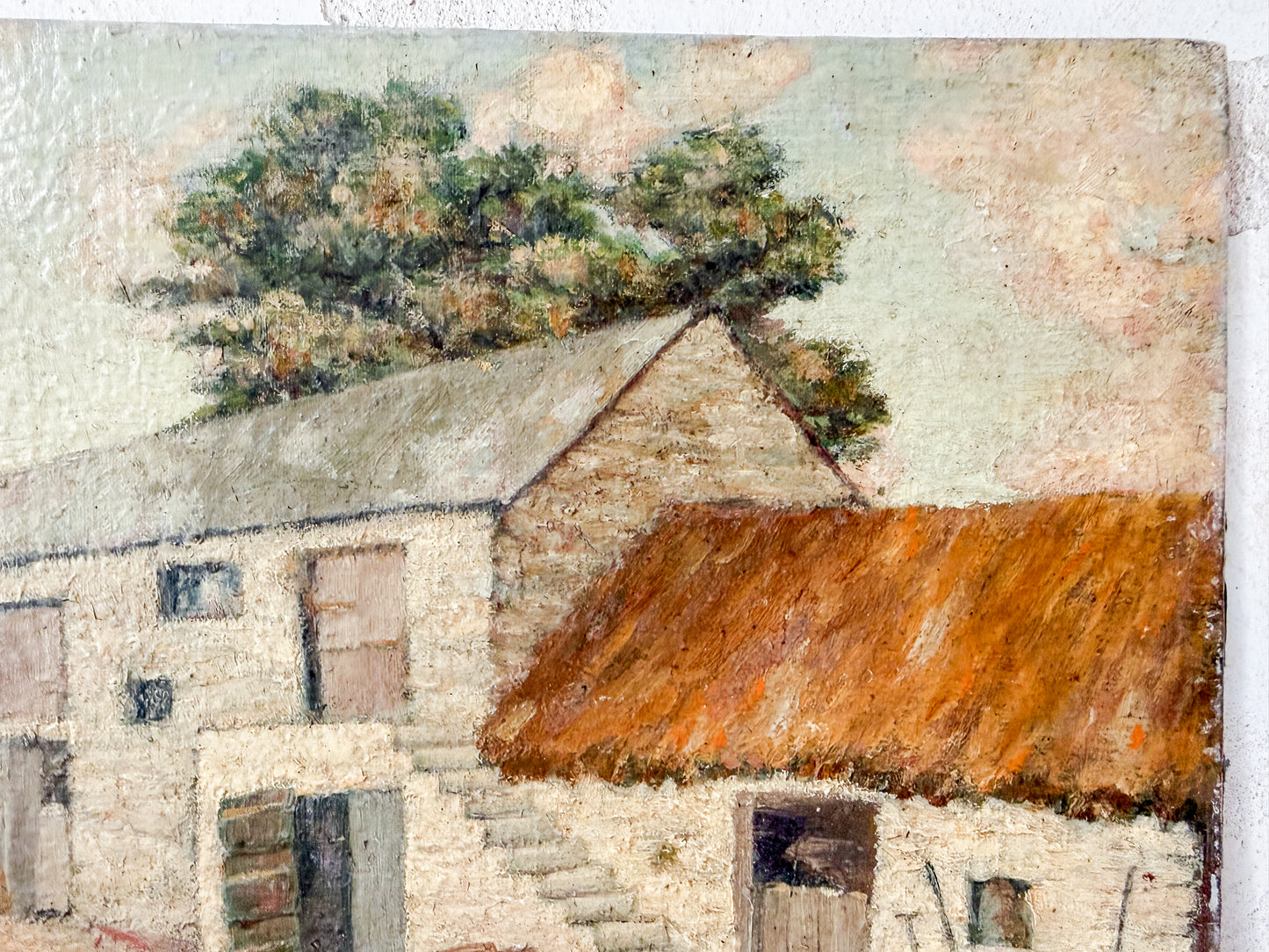 Unframed English Farmyard Scene with Woman Feeding Chickens, c1930