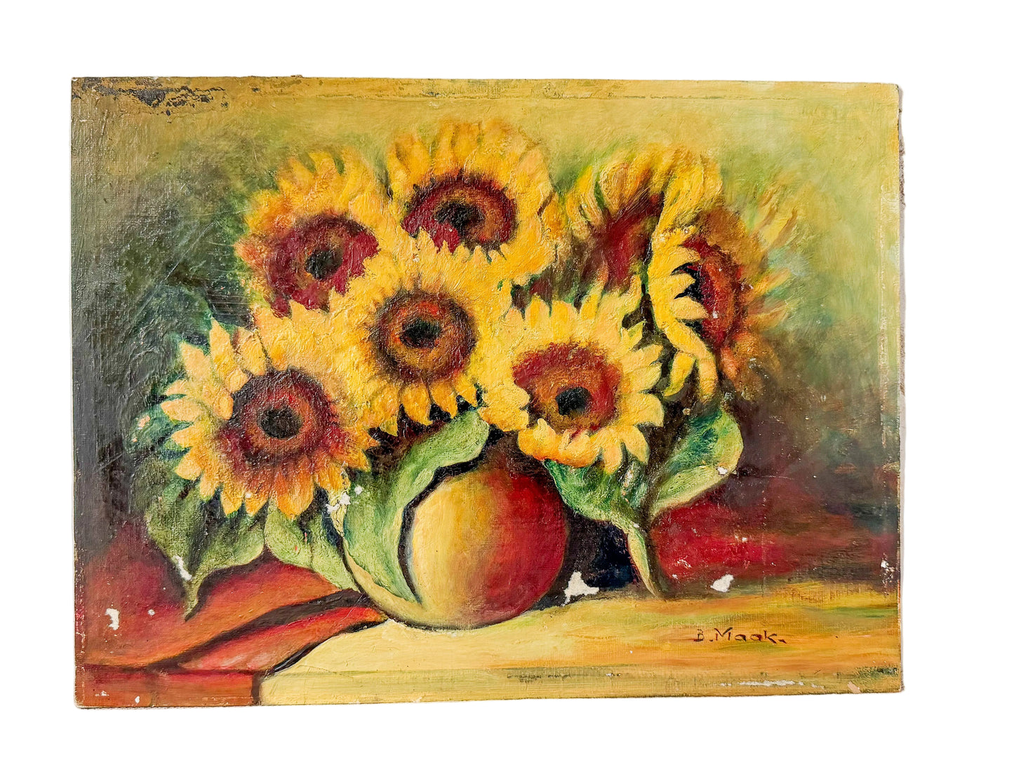 Unframed Oil Painting of Sunflowers in Vase, Signed B. Maak