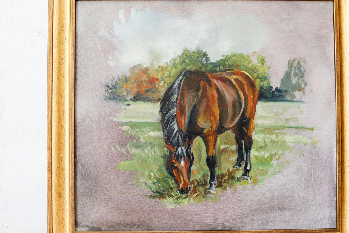 Original Painting of Bay Horse in Field, Attributed to Glynis Mills, in Custom Gold Frame