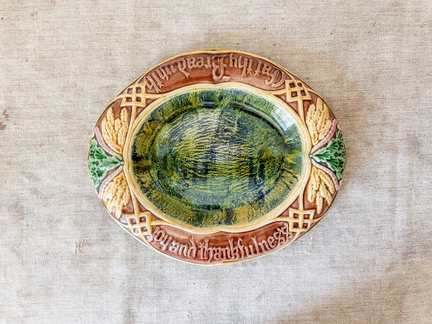 Antique 'Eat Thy Bread' Majolica Bread Tray, c1880