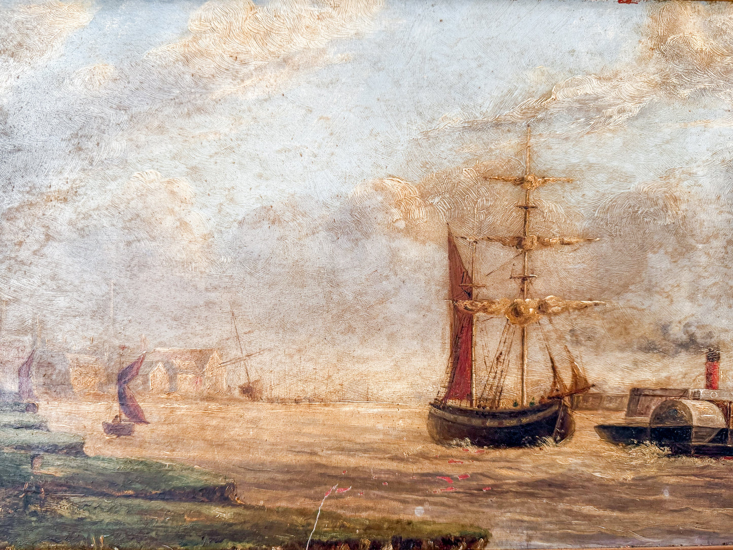 Antique Oil Painting of British Maritime Scene in Gilt Wood Frame, c1880