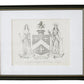 Framed artwork with a coat of arms on a textured wall.