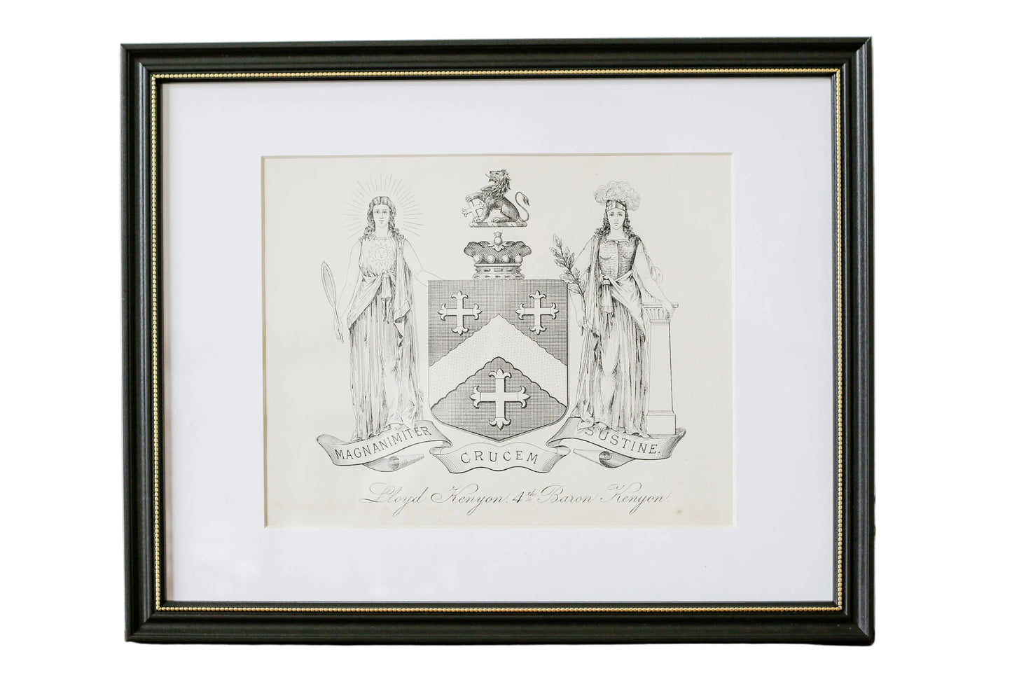 Framed artwork with a coat of arms on a textured wall.